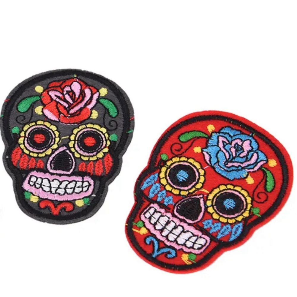 Red and black sugar skull iron on patch 💀set of 2 patches dia de los muertos